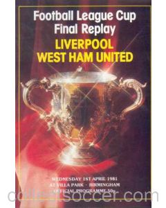 1981 League Cup Final Replay Programme Liverpool v West Ham United