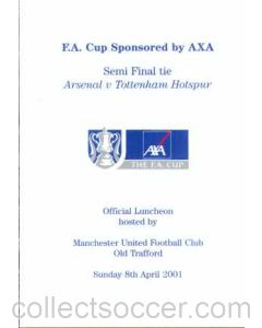 2001 FA Cup Semi Final Menu Arsenal V Tottenham