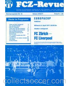 1977 FC Zurich V Liverpool Programme 06/04/1977