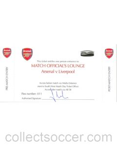 Arsenal v Liverpool Match Official's Lounge unused ticket Season 2007-2008