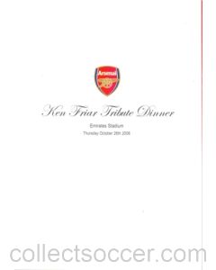Arsenal Ken Friar Tribute Dinner menu, Emirate Stadium 26/10/2006
