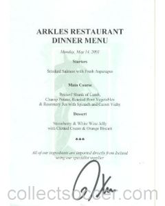Arkles Restaurant Dinner Signed Menu 14/05/2001