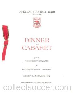 Arsenal - Dinner & Cabaret to The Honorary Stewards of Arsenal FC menu 01/12/1975