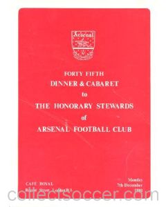 Arsenal - 45th Dinner & Cabaret to The Honorary Stewards of Arsenal FC menu 07/12/1981