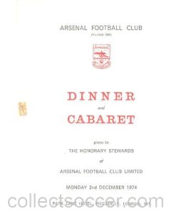 Arsenal - Dinner & Cabaret to The Honorary Stewards of Arsenal FC menu with ribbon 27/11/1972