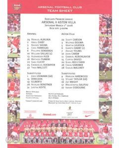 Arsenal v Aston Villa official colour teamsheet 01/03/2008 Premier League