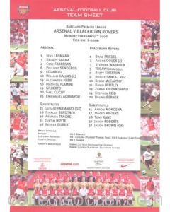 Arsenal v Blackburn Rovers official colour teamsheet 11/02/2008 Premier League