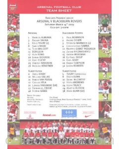 Arsenal v Blackburn Rovers official colour printed teamsheet 14/03/2009