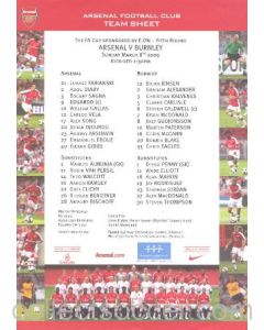 Arsenal v Burnley official colour printed teamsheet 08/03/2009
