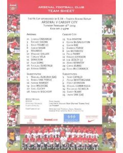 Arsenal v Cardiff City official colour printed teamsheet 16/02/2009