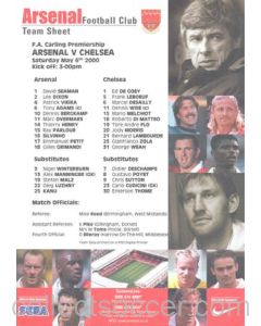 Arsenal v Chelsea official colour teamsheet 06/05/2000 Premier League
