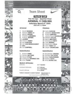 Arsenal v Chelsea official black & white teamsheet 08/03/2003 F.A. Cup Quarter-Final