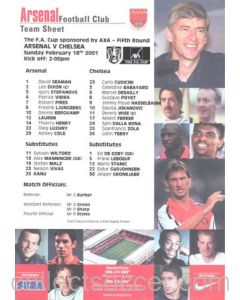 Arsenal v Chelsea official colour teamsheet 18/02/2001 F.A. Cup