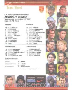Arsenal v Chelsea official colour teamsheet 26/12/2001 Premier League