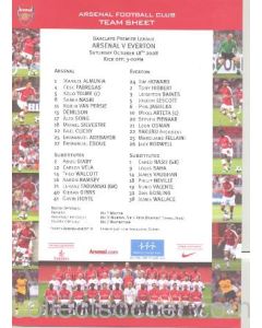Arsenal v Everton colour printed teamsheet 18/10/2008 Premier League