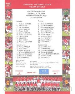 Arsenal v Fulham official colour printed teamsheet 28/02/2009