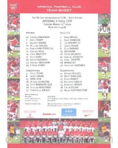 Arsenal v Hull City official colour printed teamsheet 17/03/2009