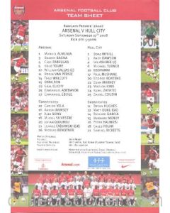 Arsenal v Hull City colour printed teamsheet 27/09/2008 Premier League