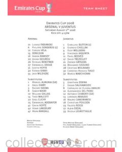 Arsenal v Juventus official colour teamsheet 02/08/2008 Emirates Cup