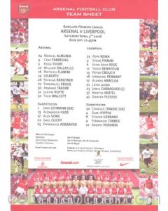 Arsenal v Liverpool official colour teamsheet 05/04/2008 Premier League