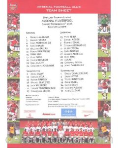 Arsenal v Liverpool official colour printed teamsheet 21/12/2008