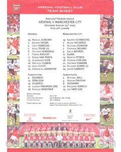 Arsenal v Manchester City official colour teamsheet 25/08/2007 Premier League