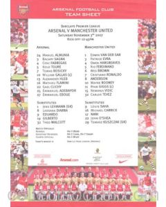 Arsenal v Manchester United official colour teamsheet 03/11/2007 Premier League