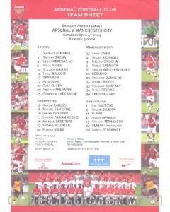 Arsenal v Manchester City official colour printed teamsheet 04/04/2009