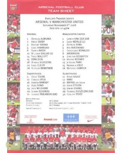 Arsenal v Manchester United colour printed teamsheet 08/11/2008 Premier League