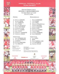 Arsenal v Middlesbrough official colour teamsheet 15/03/2008 Premier League
