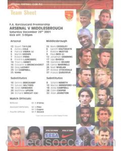 Arsenal v Middlesbrough official colour teamsheet 29/12/2001 Premier League