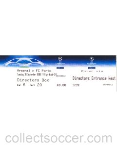 Arsenal v Porto Match Ticket for the Directors Box 30/09/2008