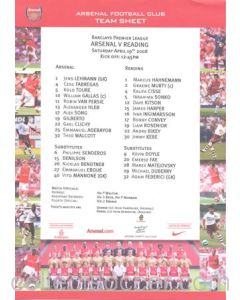 Arsenal v Reading official colour teamsheet 19/04/2008 Premier League