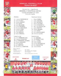 Arsenal v Sheffield United colour printed teamsheet 23/09/2008