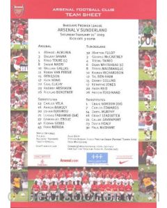 Arsenal v Sunderland official colour printed teamsheet 21/02/2009