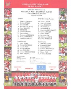 Arsenal v West Bromwich Albion official colour teamsheet 16/08/2008 Premier League