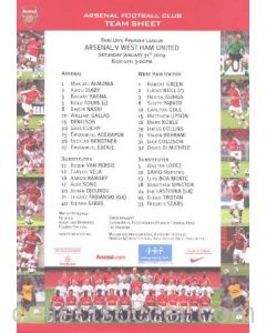 Arsenal v West Ham United official colour printed teamsheet 31/01/2009
