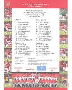 Arsenal v Wigan Athletic official colour teamsheet 06/12/2008 Premier League