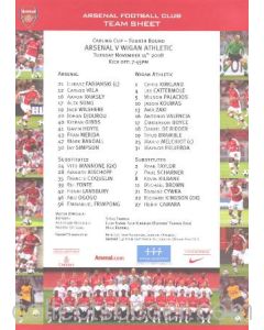 Arsenal v Wigan Athletic colour printed teamsheet 11/11/2008