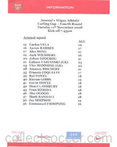 Arsenal v Wigan Athletic Arsenal produced colour printed press pack with biographies of players 11/11/2008
