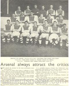 Newspaper cutting - article titled "Arsenal Always Attract the Critics" and a team photograph titled "Arsenal on Parade"