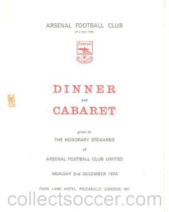 Arsenal - Dinner & Cabaret to The Honorary Stewards of Arsenal FC menu 02/12/1974
