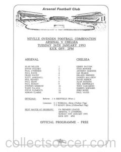 Arsenal v Chelsea Reserves official colour teamsheet 26/01/1993 Football Combination