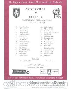 Aston Villa v Chelsea official colour printed teamsheet 09/02/2002