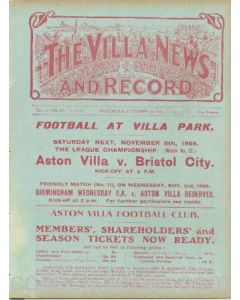 Aston Villa Reserves v Birmingham Reserves official programme 30/10/1909