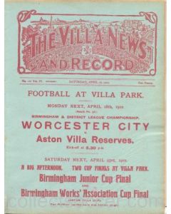 Aston Villa Reserves v Burton United Reserves official programme 16/04/1910