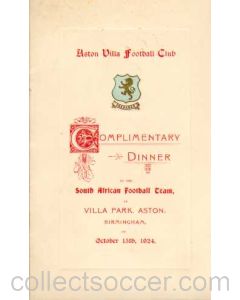 1924 Menu Aston Villa Dinner in Honour of the South Africans