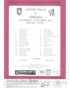 Aston Villa v Chelsea official colour teamsheet 17/12/2003 Carling Cup