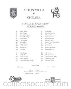 Aston Villa v Chelsea official teamsheet 27/08/2000 Carling Premiership