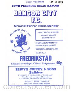 Bangor City v Fredrikstad Football Programme for the match played on the 2nd October 1985 in the European Cup Winners Cup First Round Second Leg.
